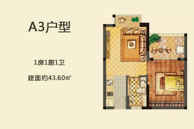 A3户型-1房1厨1卫-建面约43.60㎡