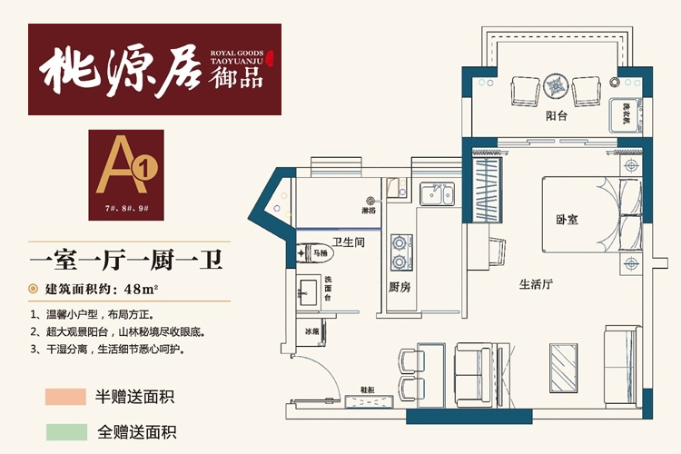 A1户型 建面约48平 一房一厅