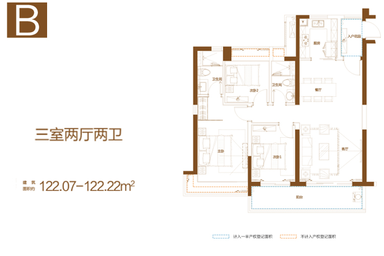 B户型-三房两厅两卫-建筑面积约122.07-122.22㎡