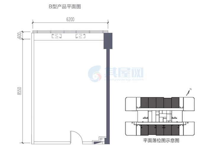 三期14号楼B户型-2房1厅1厨1卫-建面约65.00㎡