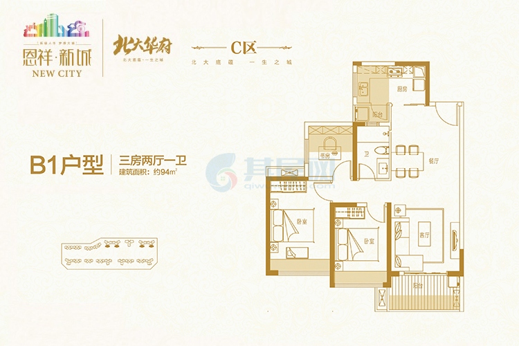 B1户型-三房两厅建筑面积：94平米