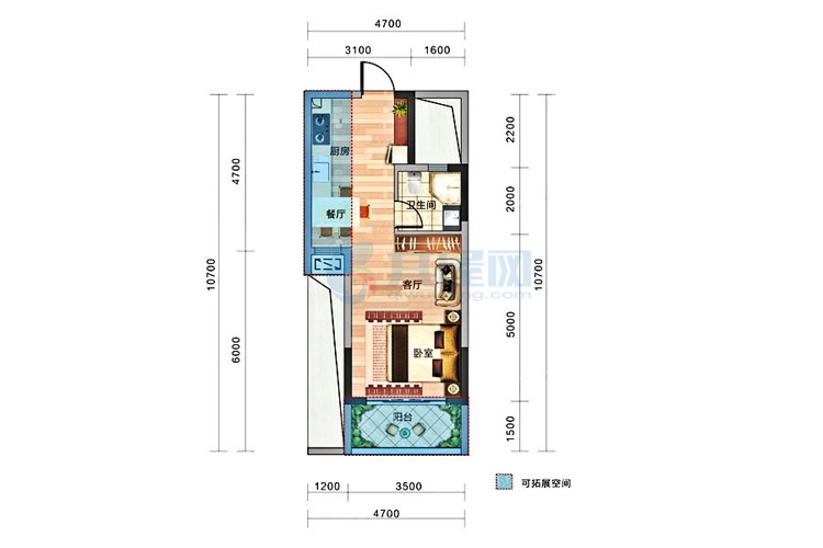 A1户型-1室2厅1卫1厨-建面51.90-61.40㎡