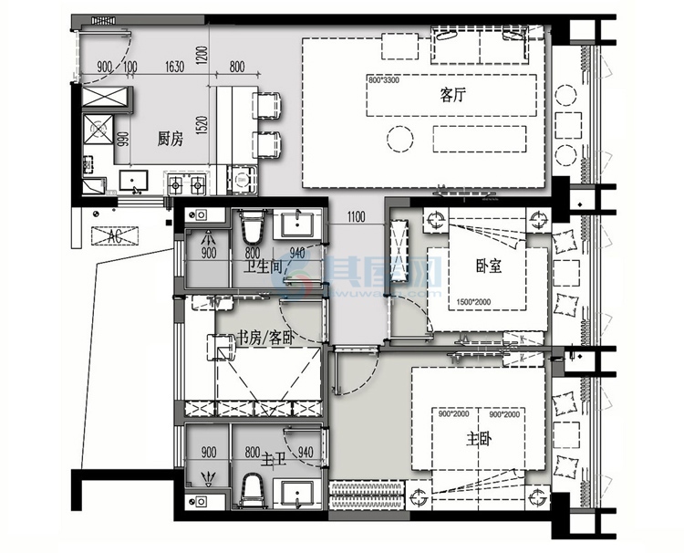 　　融创森海西岸汇-3房1厅1厨2卫-建面102-106㎡