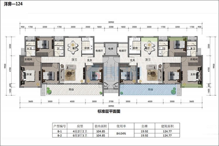 洋房标准层户型-建面约124㎡-4房2厅1厨2卫