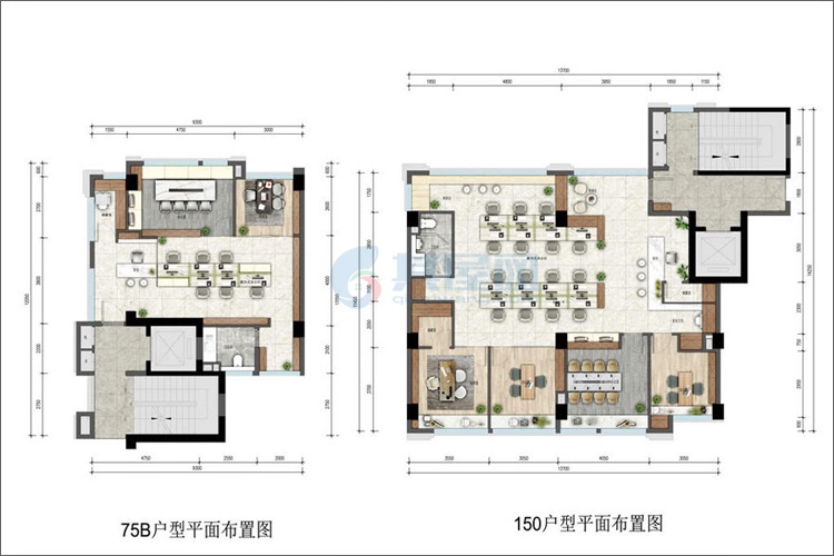 绿地空港GIC-75、150㎡（建筑面积）办公布置