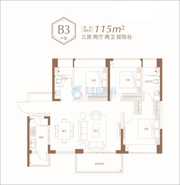 B3户型-建面约115㎡-三房两厅两卫双阳台