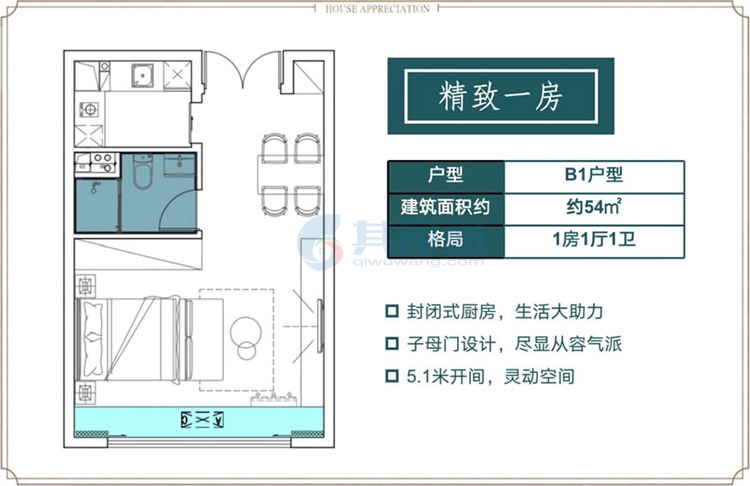 B1户型图-建面约54㎡-一房一厅一卫