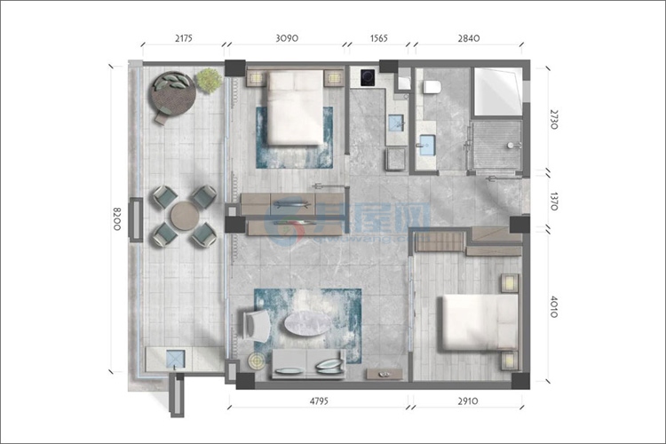 C2户型-建面约87.58-111.36㎡-两房一厅一卫