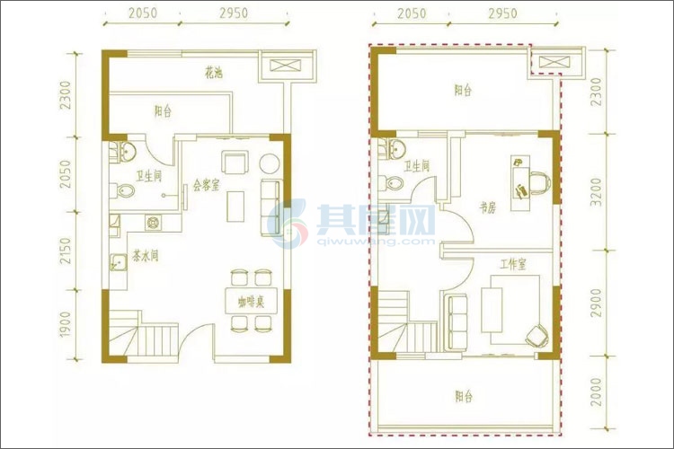 阿里山广场LOFT公寓A户型-建面约46.00㎡-1房2厅1厨2卫