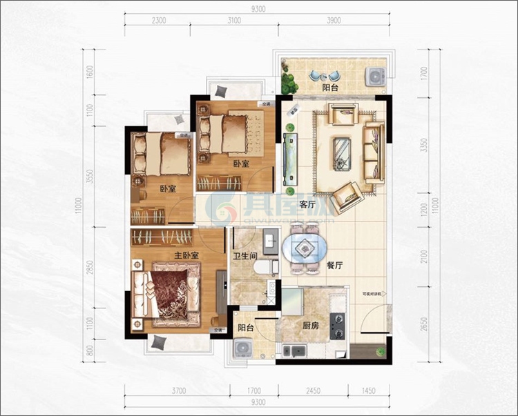 02户型-建面约101.99㎡-三房两厅一卫