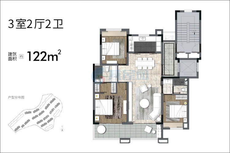 隐山【A户型】：3室2厅2卫，(建面约)122㎡