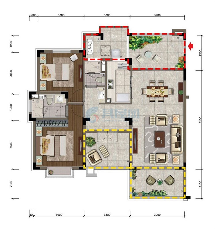 M1/L1户型 建筑面积约：91-104㎡ 2室2厅2卫