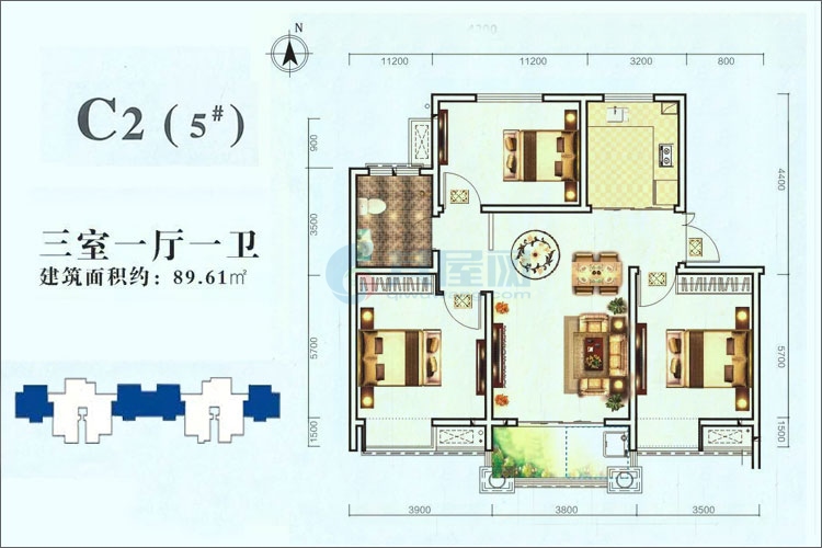 5号楼C2户型-建面约89.61㎡-三室两厅一卫