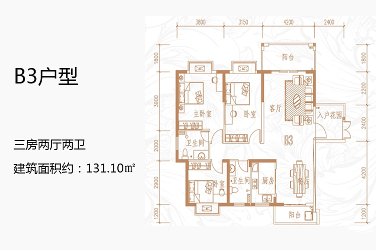 B3户型-三房两厅两卫-建筑面积约：131.10㎡