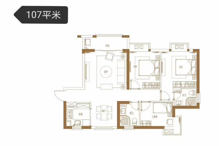 三房两厅两卫-建筑面积约107㎡