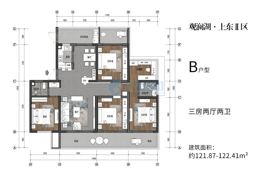 B户型-建面约121.87-122.41平-三房两厅两卫