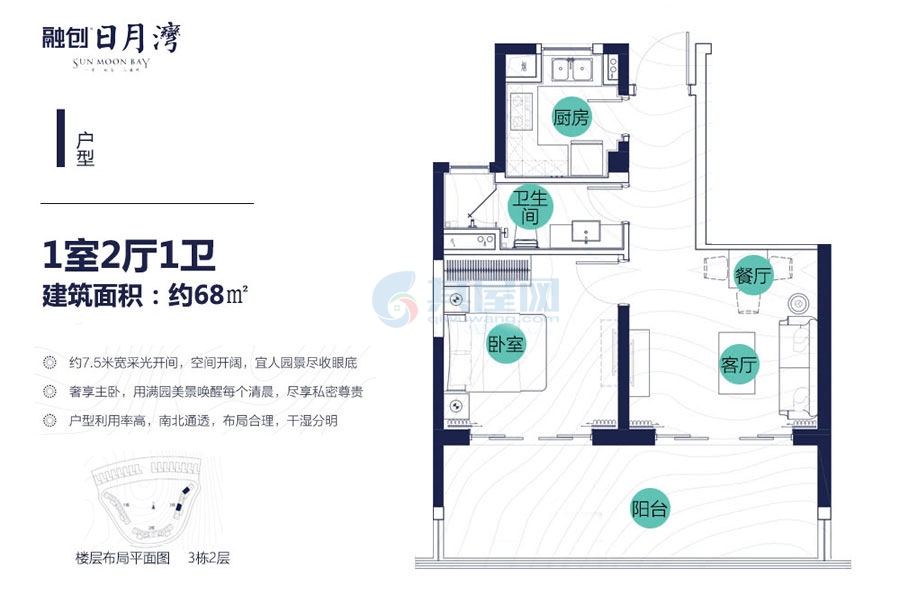 二期星辰澜岸I户型-建面约68.00㎡-1房2厅1厨1卫